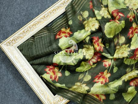 ARMY GREEN PRINTED LINEN BANARASI HANDLOOM SAREE Fashion