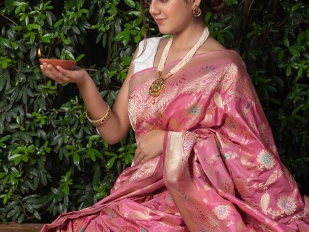 ONION PINK KADHWA JANGLA MEENAKARI KATAN SILK BANARASI HANDLOOM SAREE Discount