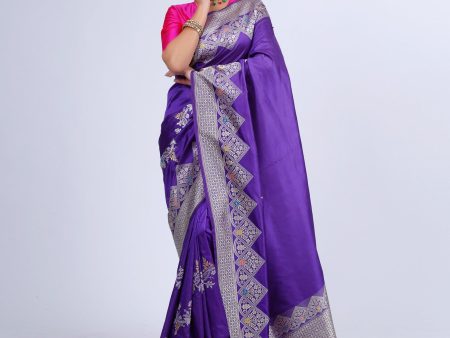 PURPLISH BLUE KADHWA MEENAKARI BORDER KATAN SILK BANARASI HANDLOOM SAREE Hot on Sale