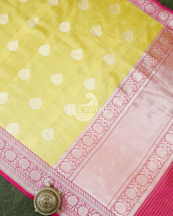 LEMON YELLOW KADHWA TUSSAR SILK BANARASI HANDLOOM SAREE Online