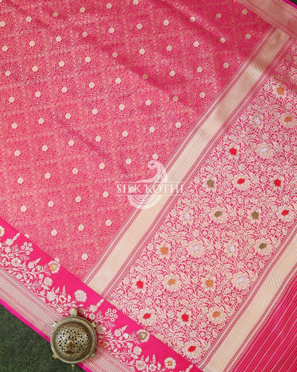 RUBY PINK MEENAKARI BORDER BROCADE KATAN SILK BANARASI HANDLOOM SAREE For Cheap