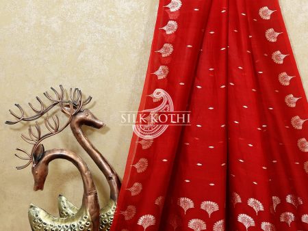 RED KADHWA KORA ORGANZA BANARASI HANDLOOM SAREE on Sale