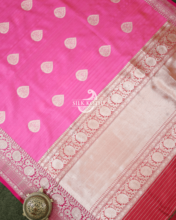 HOT PINK KADHWA TUSSAR SILK BANARASI HANDLOOM SAREE Online now