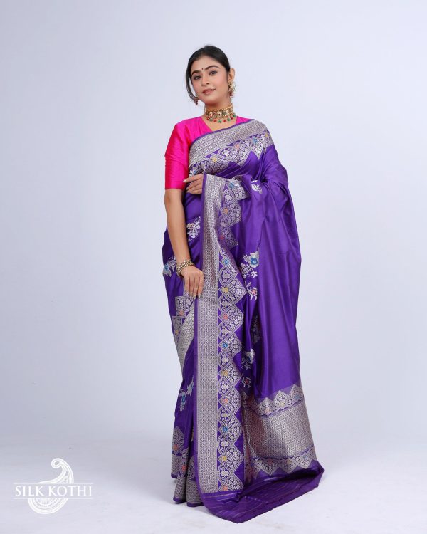 PURPLISH BLUE KADHWA MEENAKARI BORDER KATAN SILK BANARASI HANDLOOM SAREE Hot on Sale