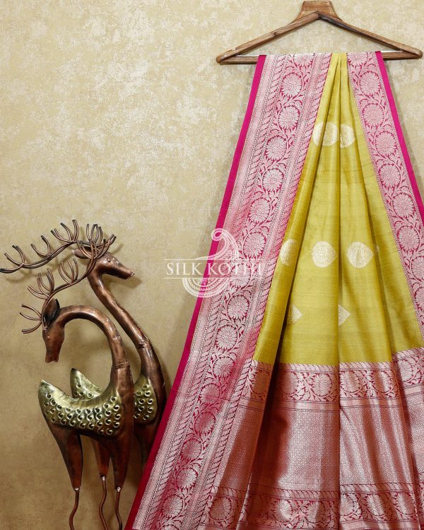 LEMON YELLOW KADHWA TUSSAR SILK BANARASI HANDLOOM SAREE Online