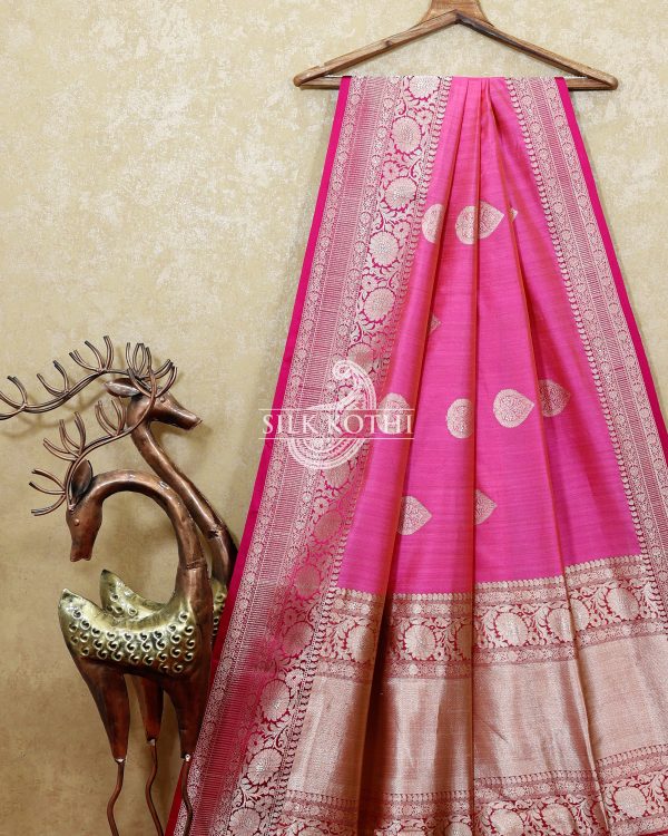 HOT PINK KADHWA TUSSAR SILK BANARASI HANDLOOM SAREE Online now