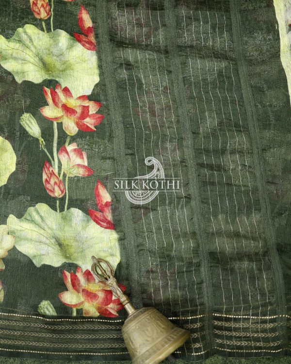 ARMY GREEN PRINTED LINEN BANARASI HANDLOOM SAREE Fashion