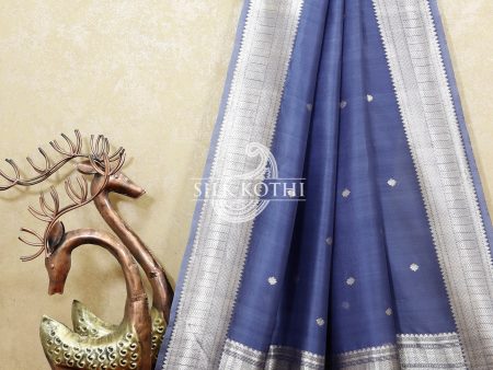 BLUISH GREY KADHWA KORA ORGANZA BANARASI HANDLOOM SAREE Online