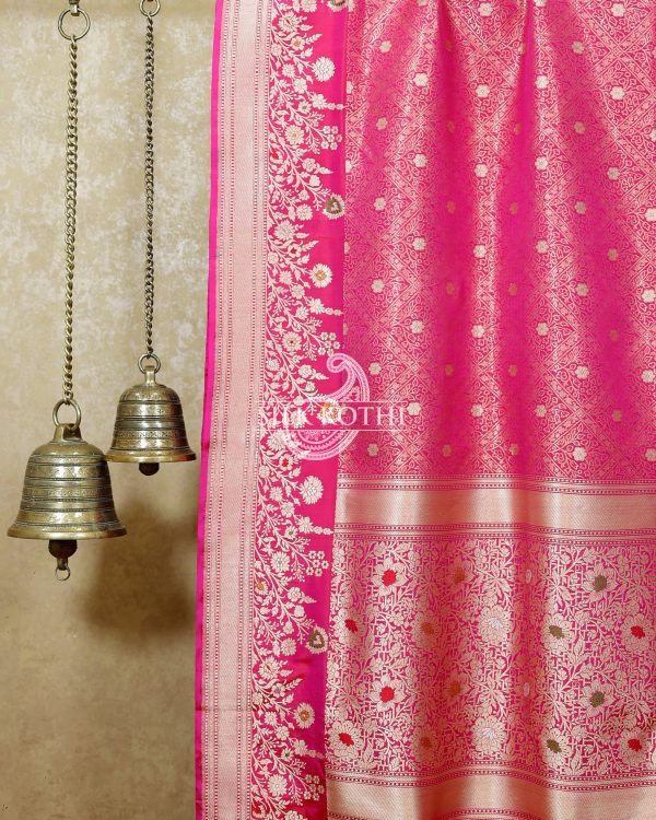 RUBY PINK MEENAKARI BORDER BROCADE KATAN SILK BANARASI HANDLOOM SAREE For Cheap