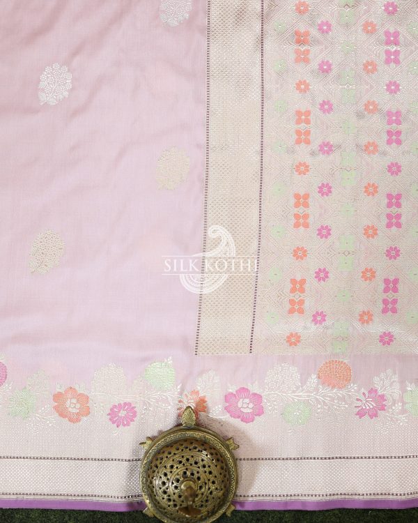 PASTEL PINK KADHWA MEENAKARI BORDER KATAN SILK BANARASI HANDLOOM SAREE For Sale